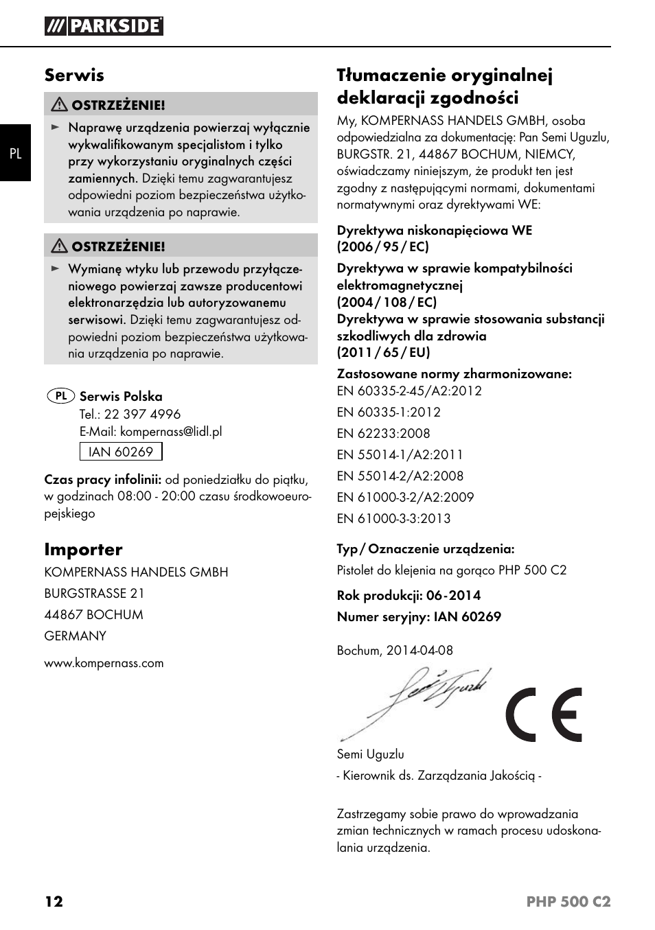 Serwis, Importer, Tłumaczenie oryginalnej deklaracji zgodności | Parkside PHP 500 C2 User Manual | Page 15 / 40