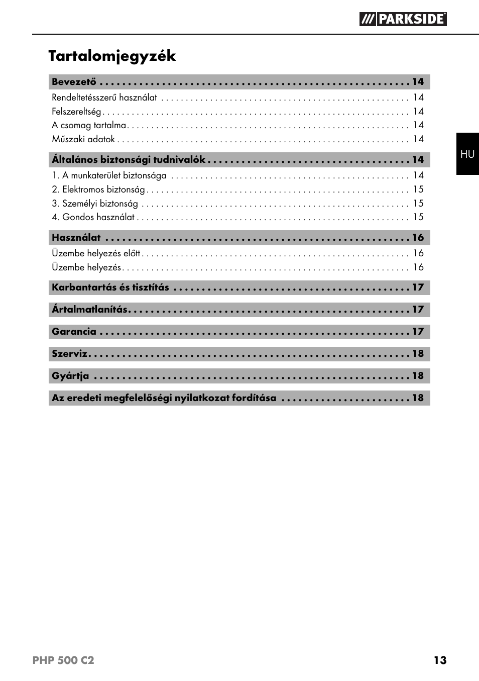 Tartalomjegyzék | Parkside PHP 500 C2 User Manual | Page 16 / 40