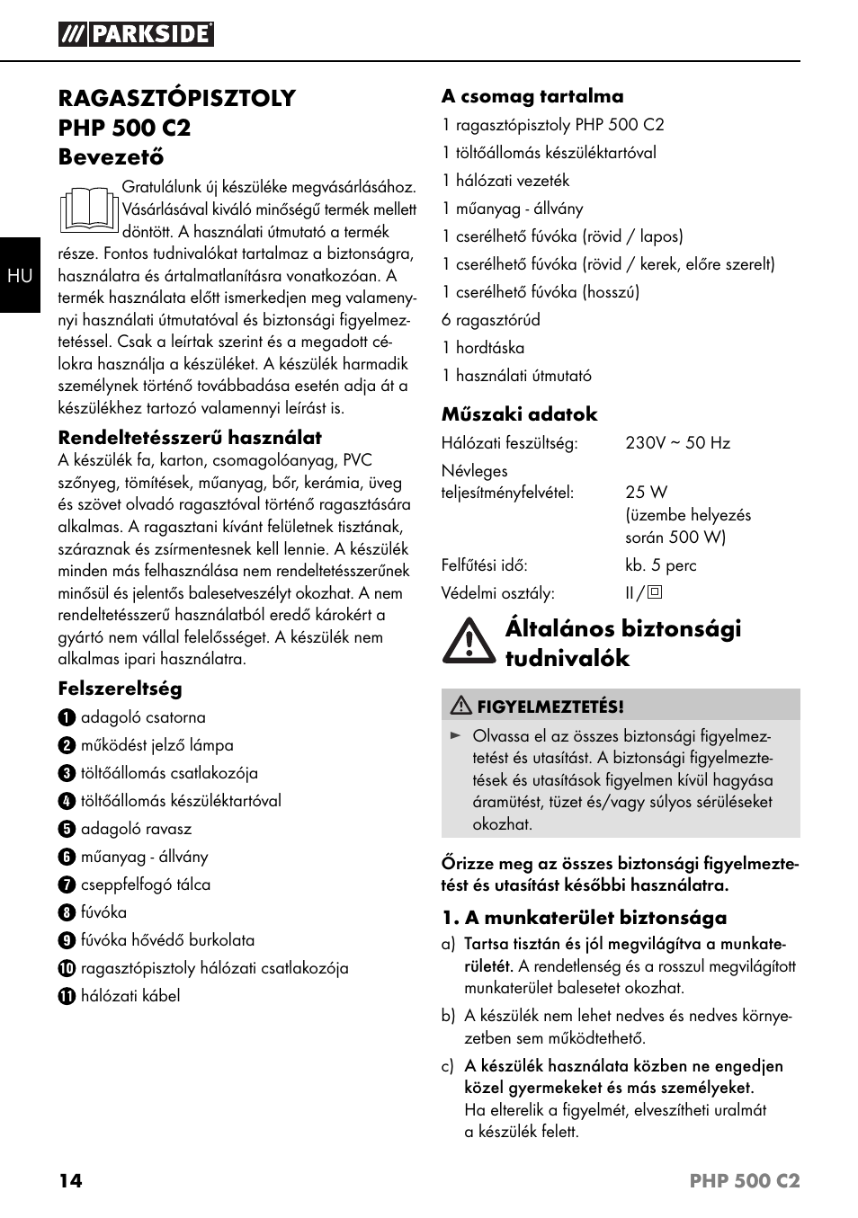 Általános biztonsági tudnivalók | Parkside PHP 500 C2 User Manual | Page 17 / 40