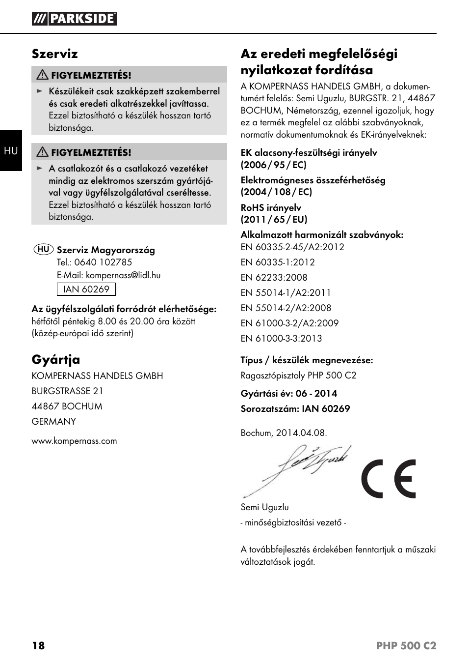 Szerviz, Gyártja, Az eredeti megfelelőségi nyilatkozat fordítása | Parkside PHP 500 C2 User Manual | Page 21 / 40