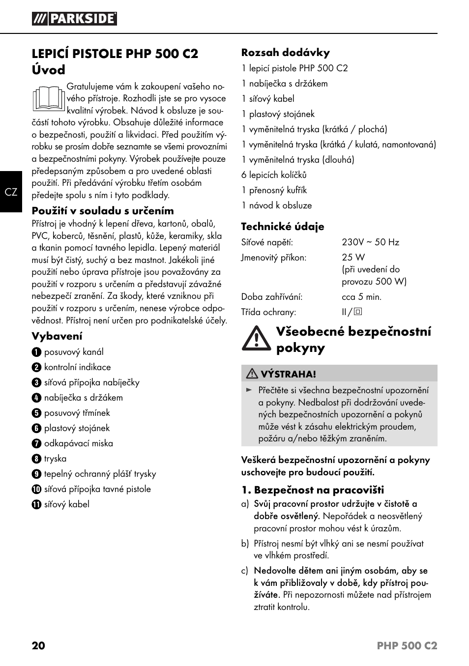 Všeobecné bezpečnostní pokyny | Parkside PHP 500 C2 User Manual | Page 23 / 40