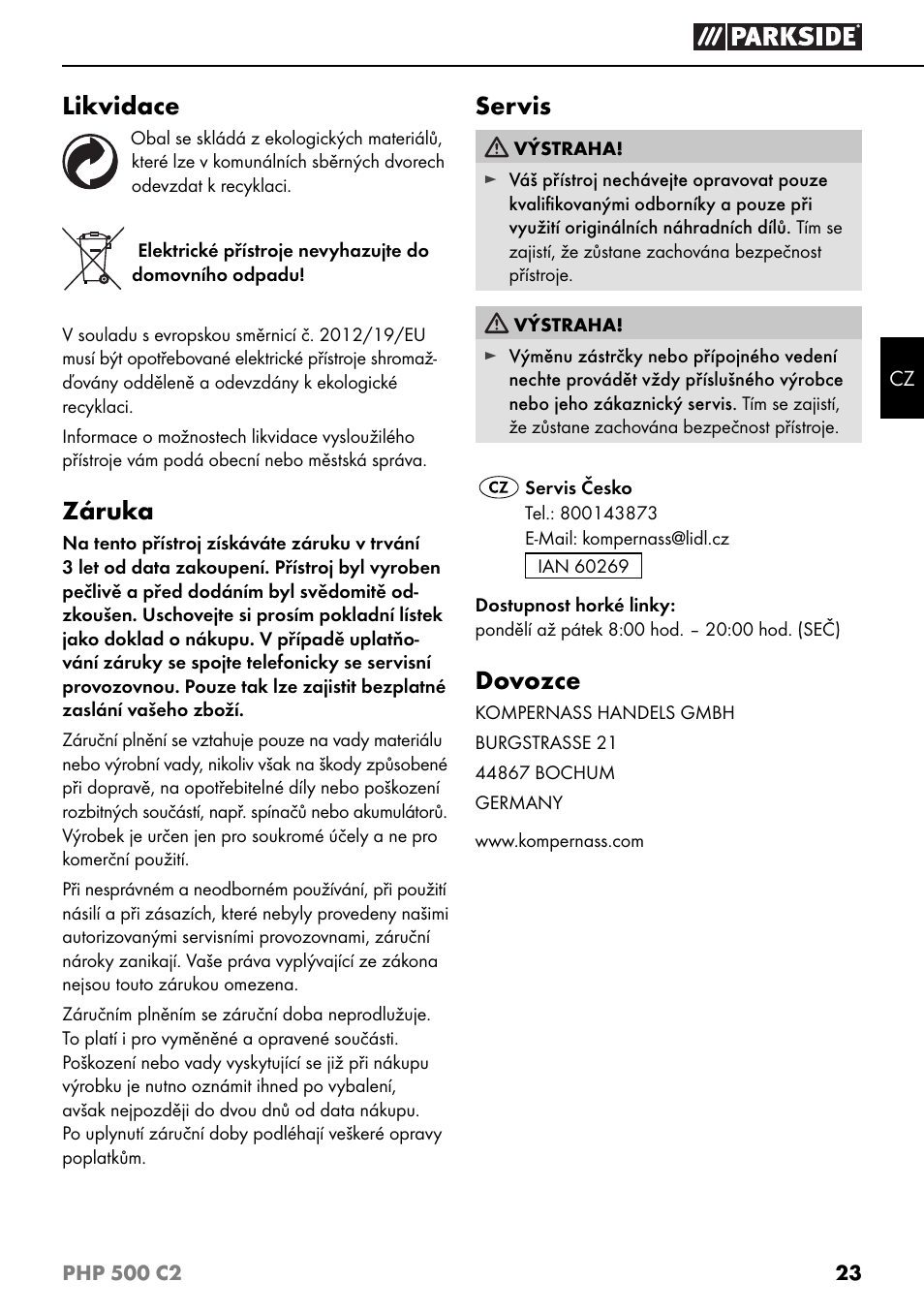 Likvidace, Záruka, Servis | Dovozce | Parkside PHP 500 C2 User Manual | Page 26 / 40