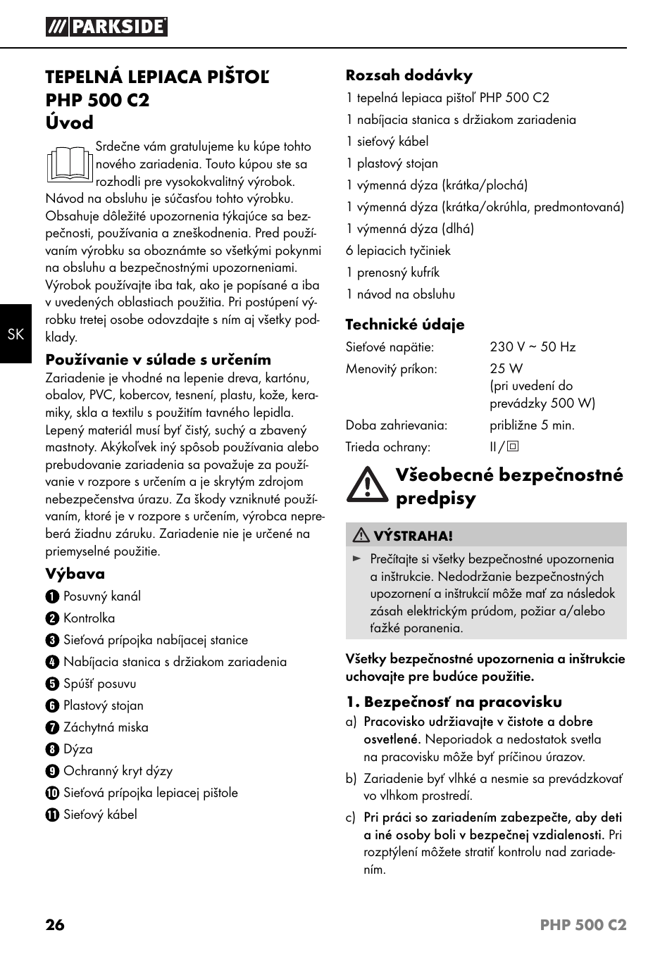 Všeobecné bezpečnostné predpisy | Parkside PHP 500 C2 User Manual | Page 29 / 40