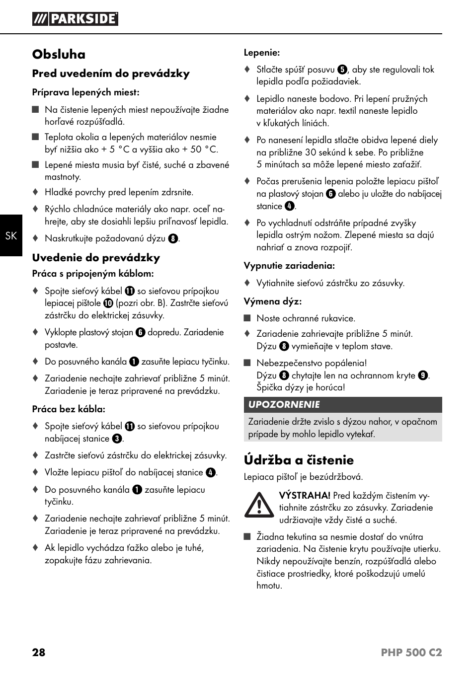 Obsluha, Údržba a čistenie | Parkside PHP 500 C2 User Manual | Page 31 / 40