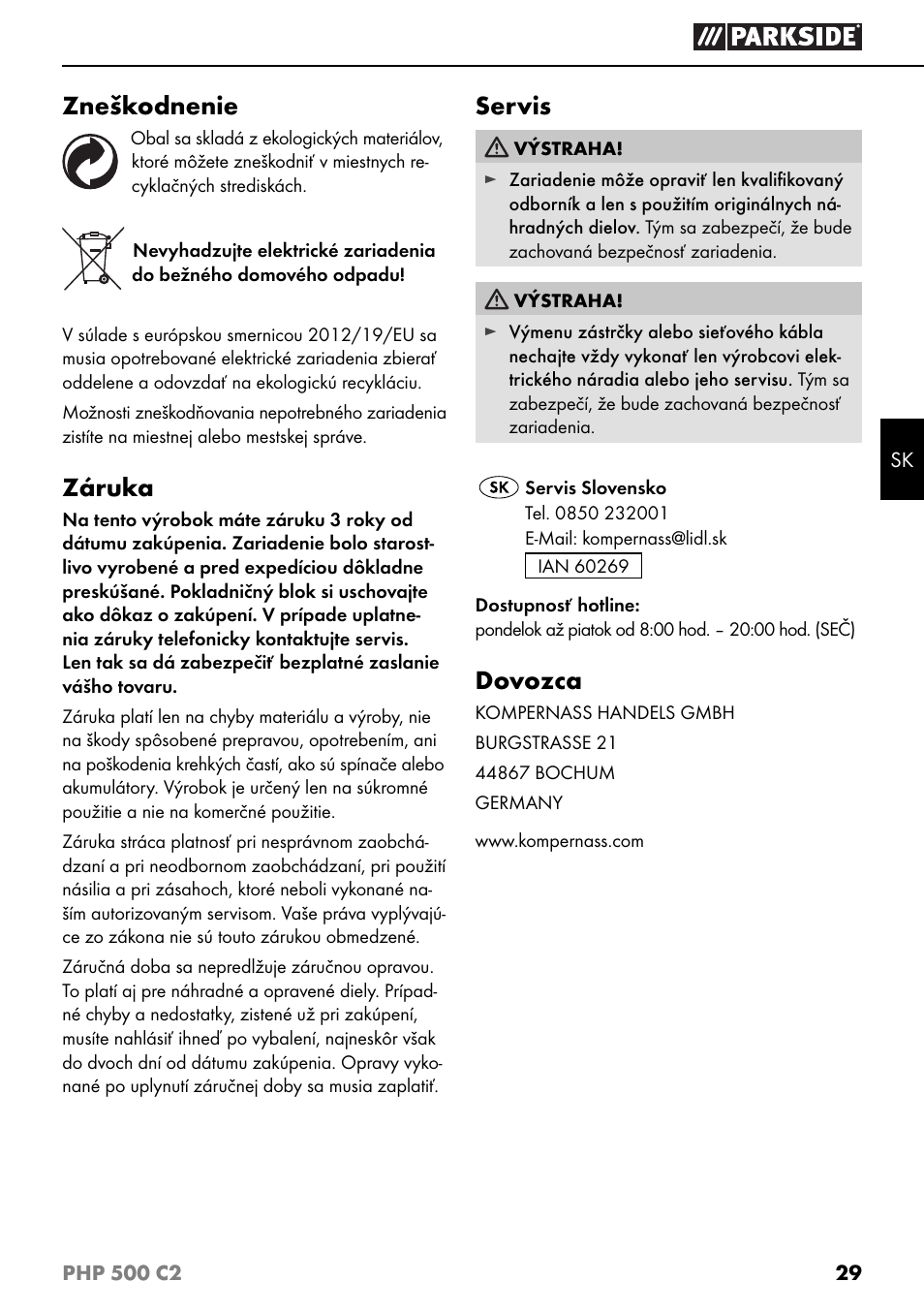 Zneškodnenie, Záruka, Servis | Dovozca | Parkside PHP 500 C2 User Manual | Page 32 / 40