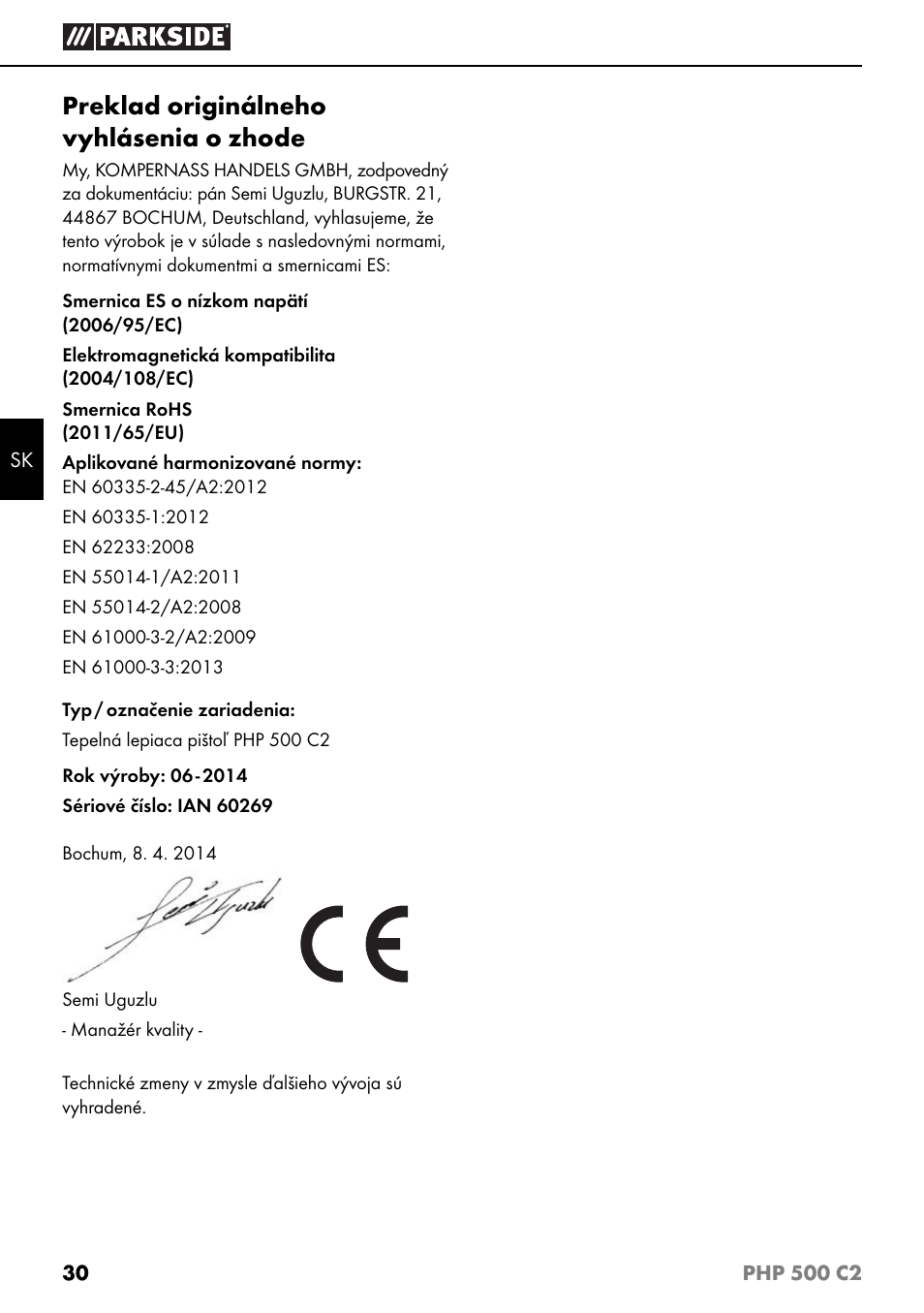 Preklad originálneho vyhlásenia o zhode | Parkside PHP 500 C2 User Manual | Page 33 / 40