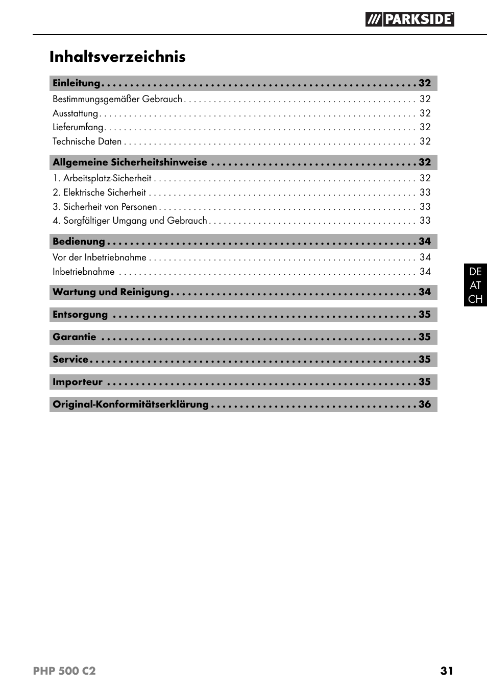 Parkside PHP 500 C2 User Manual | Page 34 / 40