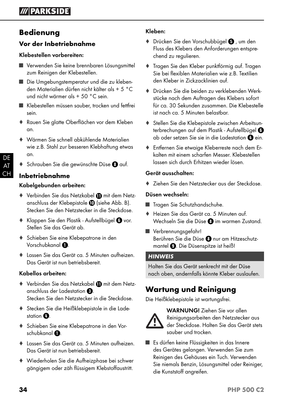 Bedienung, Wartung und reinigung | Parkside PHP 500 C2 User Manual | Page 37 / 40