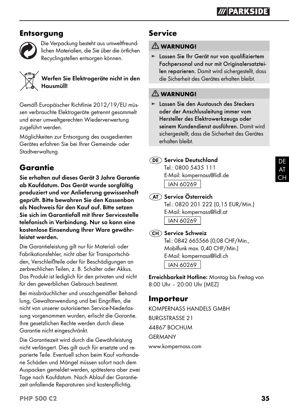 Entsorgung, Garantie, Service | Importeur | Parkside PHP 500 C2 User Manual | Page 38 / 40