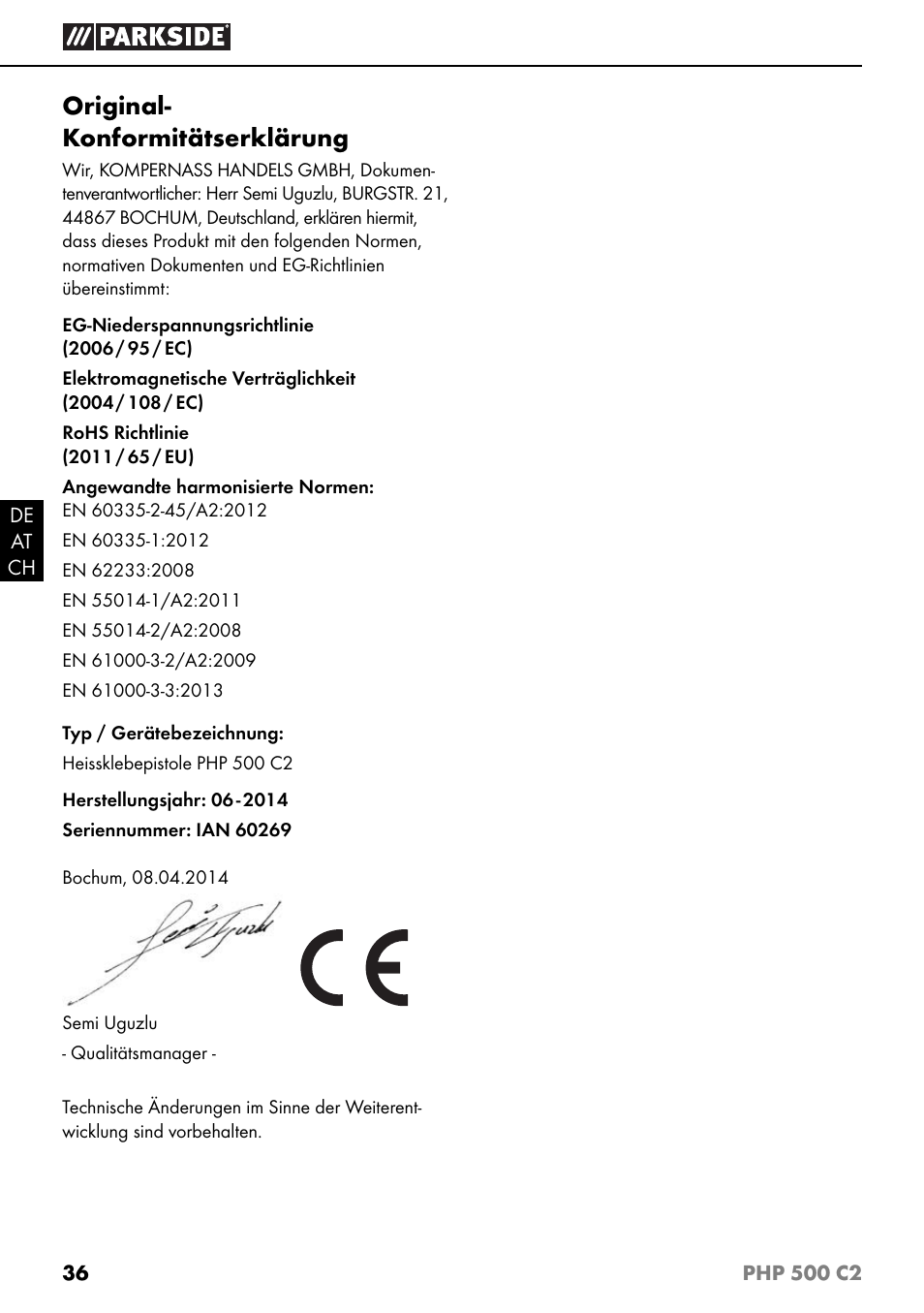 Original- konformitätserklärung | Parkside PHP 500 C2 User Manual | Page 39 / 40