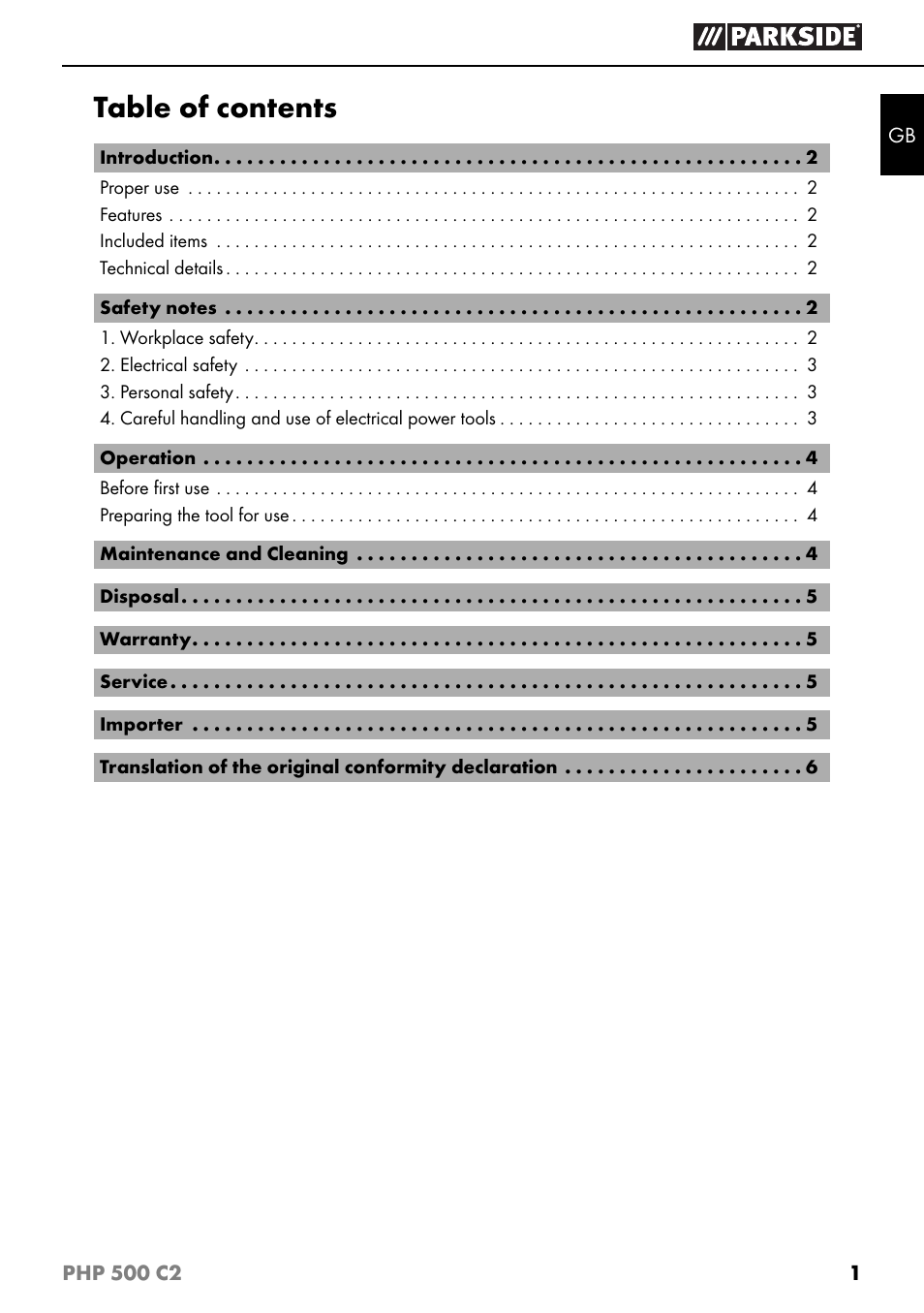 Parkside PHP 500 C2 User Manual | Page 4 / 40