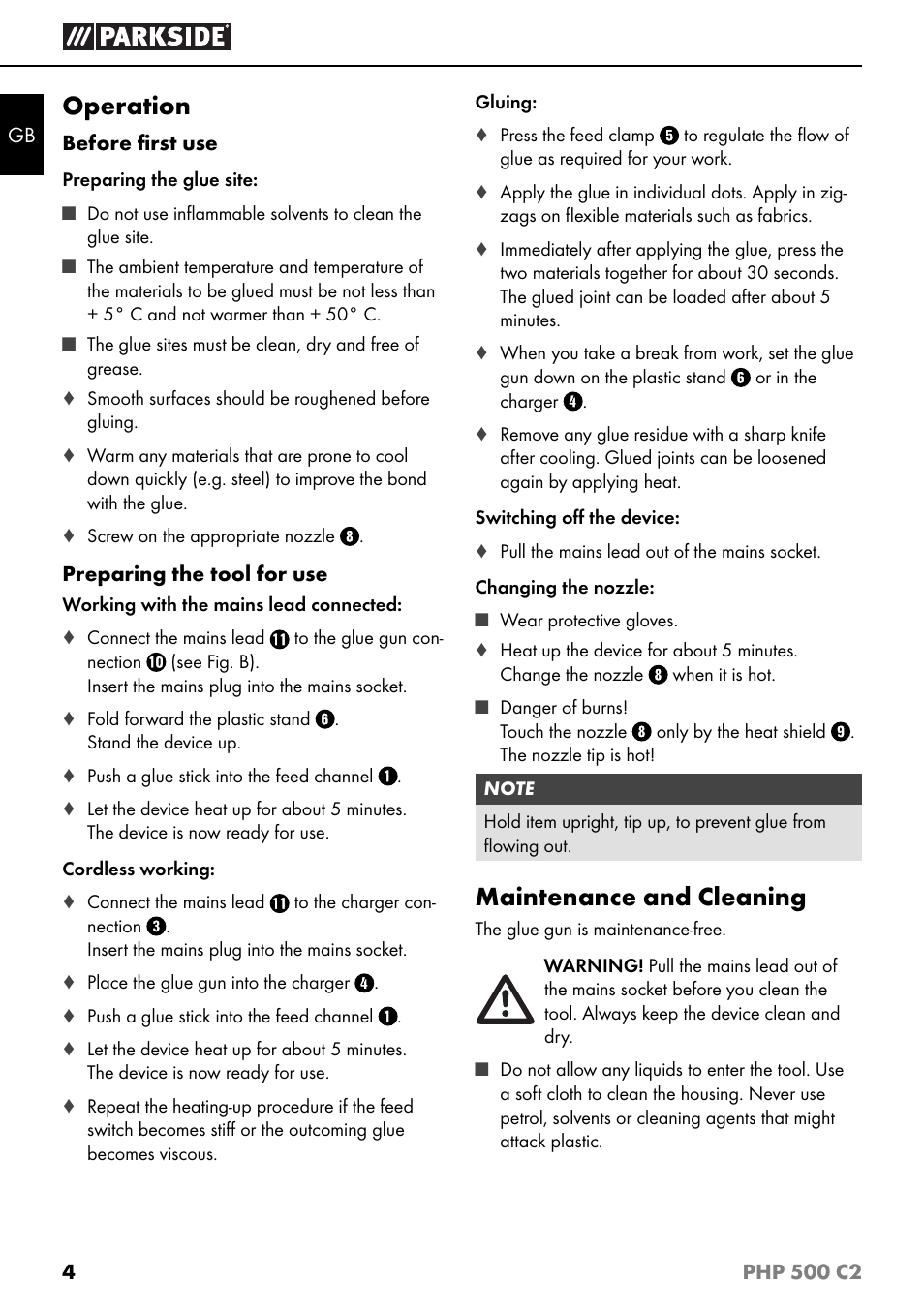 Operation, Maintenance and cleaning | Parkside PHP 500 C2 User Manual | Page 7 / 40