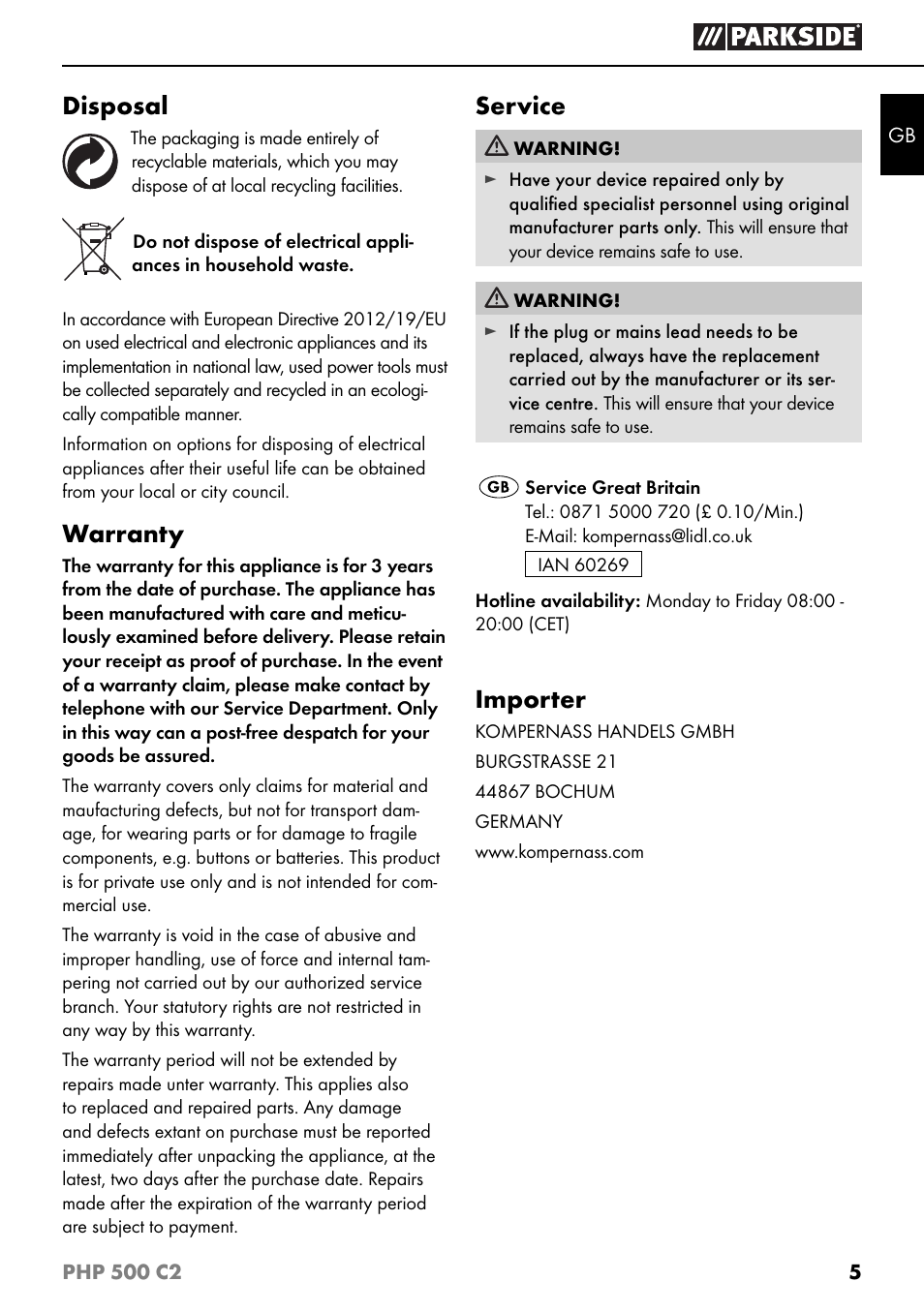 Disposal, Warranty, Service | Importer | Parkside PHP 500 C2 User Manual | Page 8 / 40