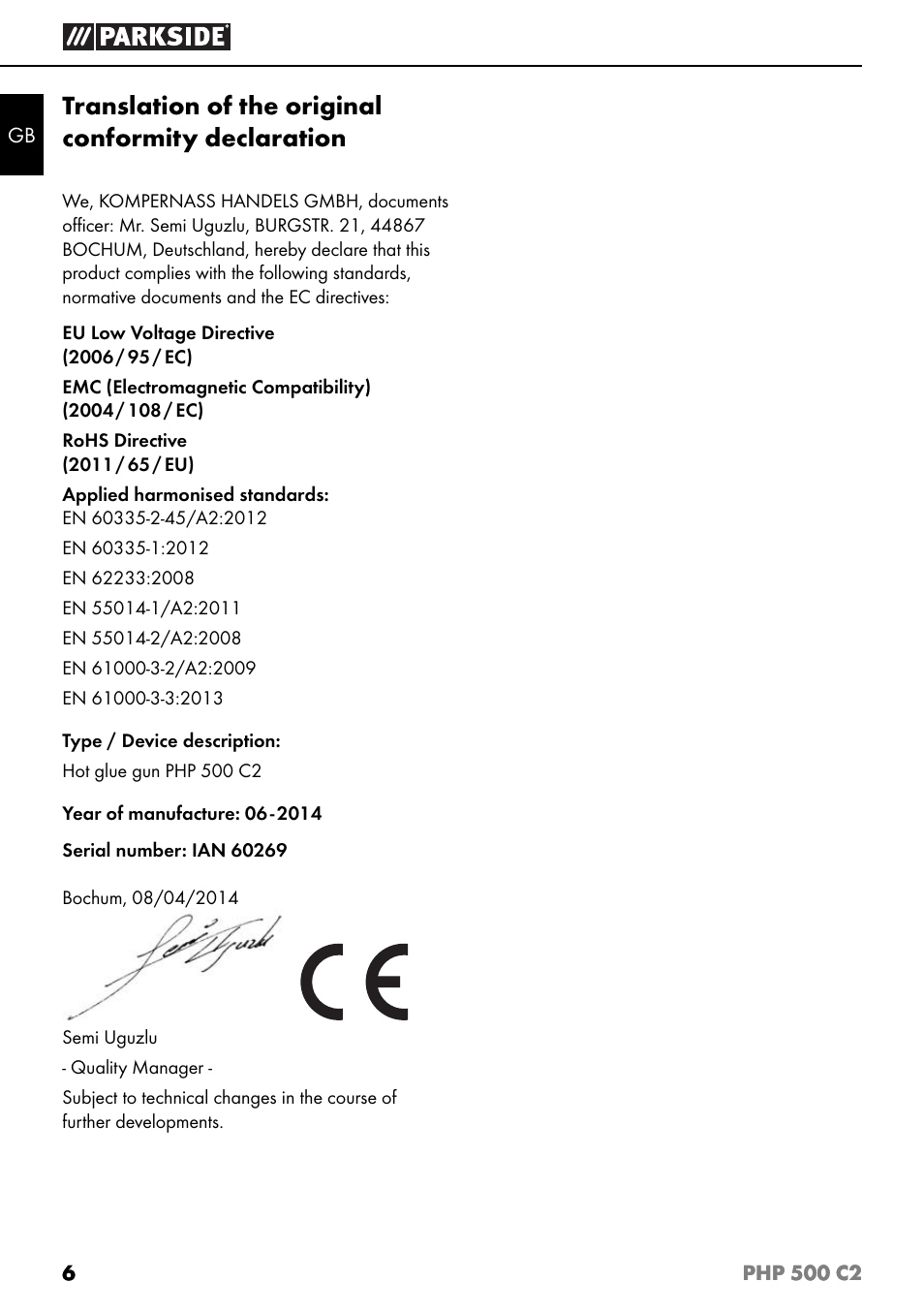 Translation of the original conformity declaration | Parkside PHP 500 C2 User Manual | Page 9 / 40