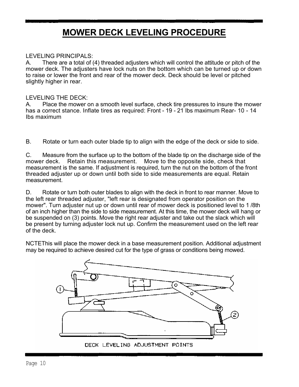 Mower deck leveling procedure, Page 10 | Dixon 5421 User Manual | Page 13 / 43