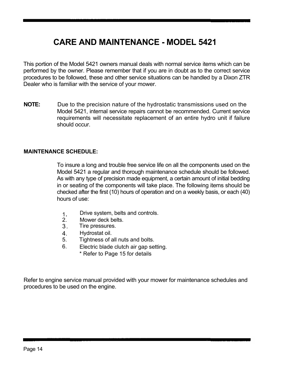 Care and maintenance - model 5421 | Dixon 5421 User Manual | Page 17 / 43