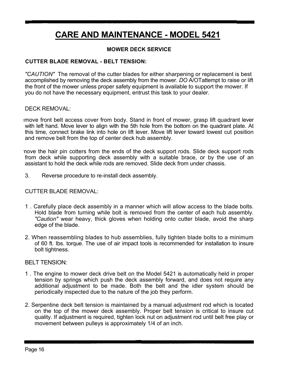 Care and maintenance - model 5421 | Dixon 5421 User Manual | Page 19 / 43