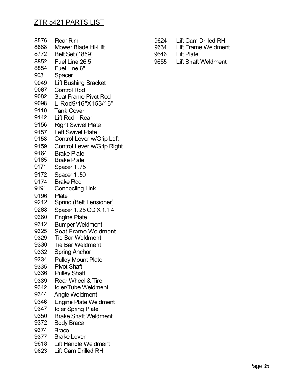 Ztr 5421 parts list | Dixon 5421 User Manual | Page 39 / 43