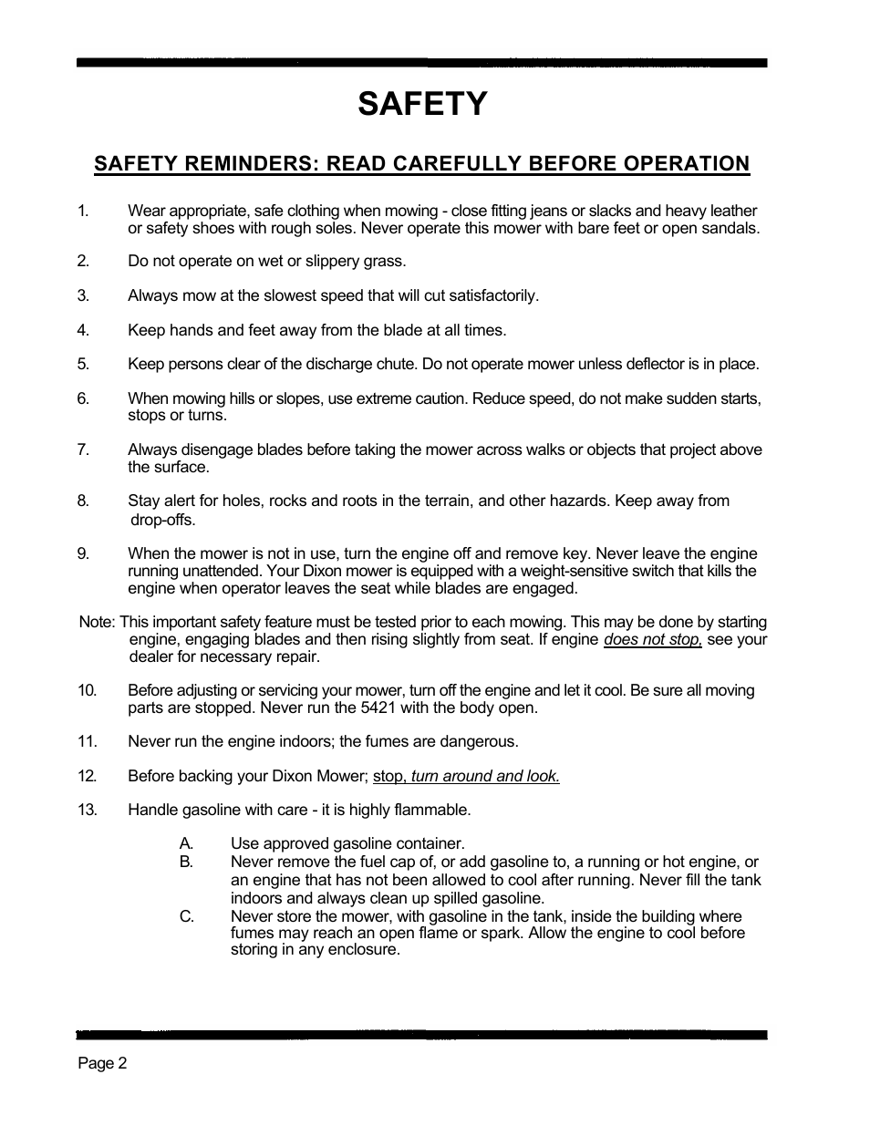 Safety, Safety reminders: read carefully before operation | Dixon 5421 User Manual | Page 5 / 43