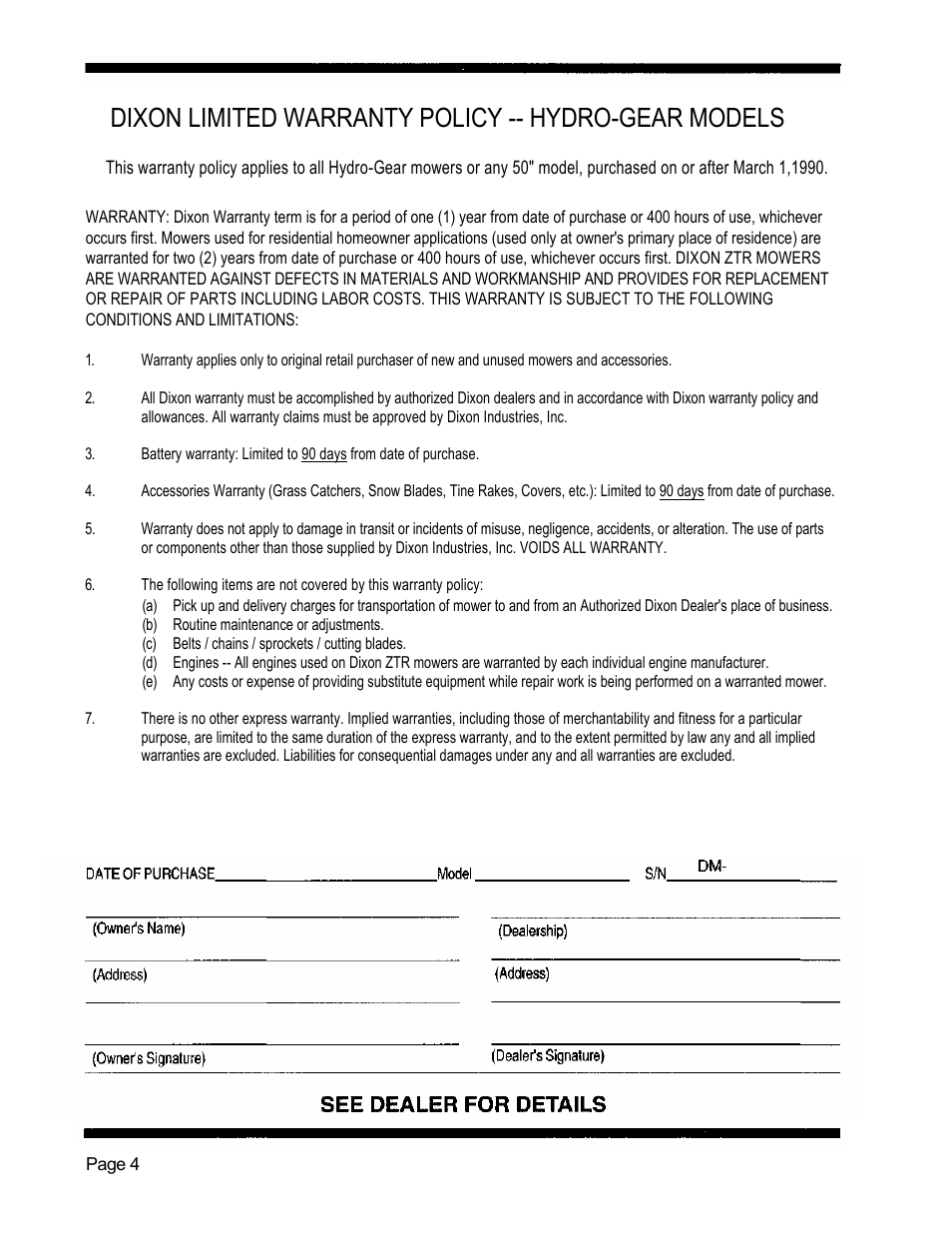 Dixon limited warranty policy -- hydro-gear models | Dixon 5421 User Manual | Page 7 / 43