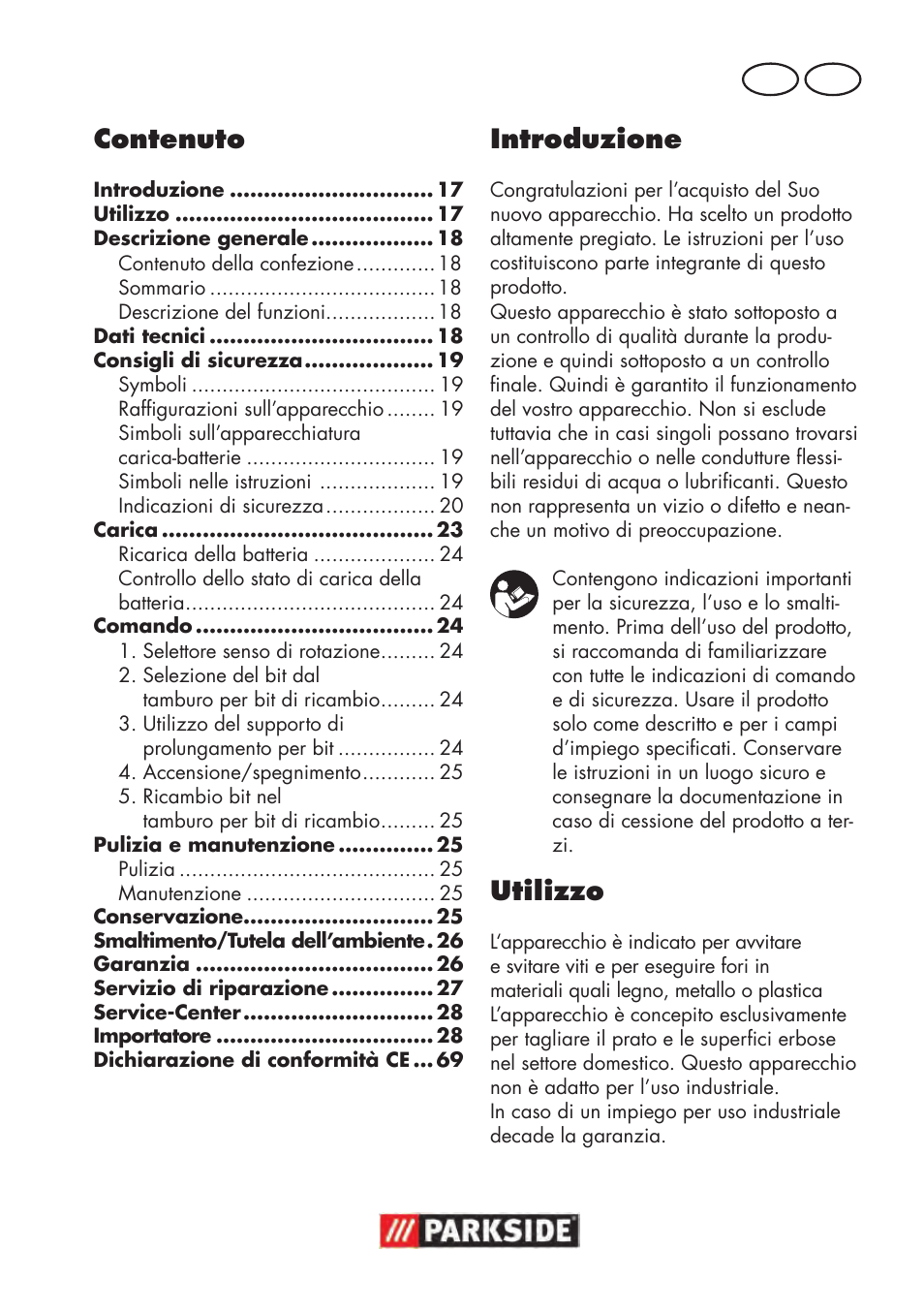 Contenuto, Introduzione, Utilizzo | It mt | Parkside PAWS 3.6 A1 User Manual | Page 17 / 76
