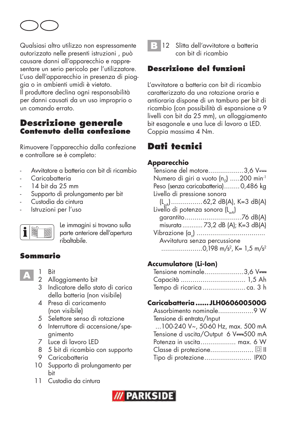 Descrizione generale, Dati tecnici, It mt | Parkside PAWS 3.6 A1 User Manual | Page 18 / 76
