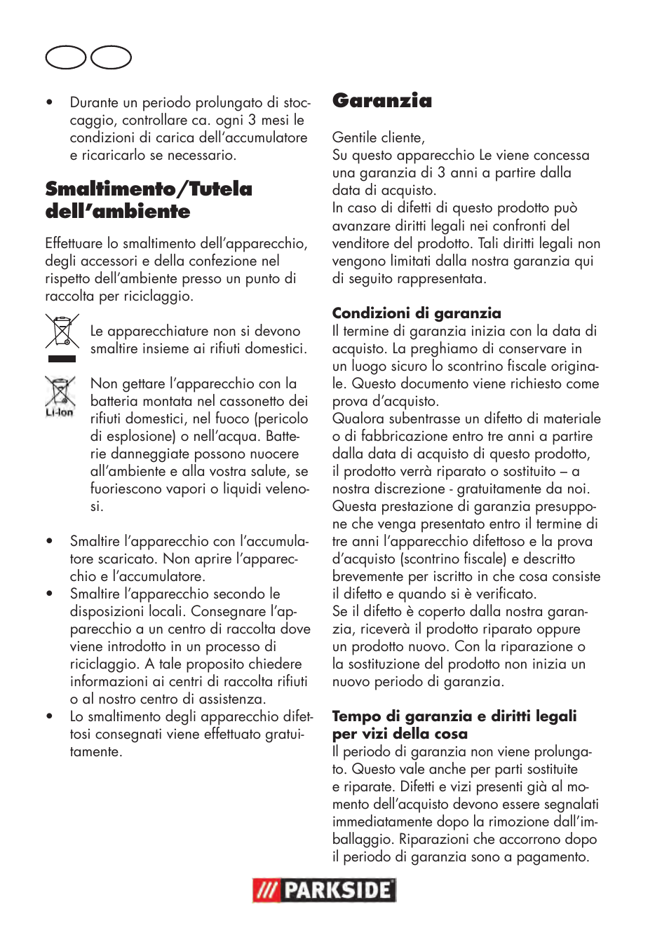 Smaltimento/tutela dell’ambiente, Garanzia, It mt | Parkside PAWS 3.6 A1 User Manual | Page 26 / 76