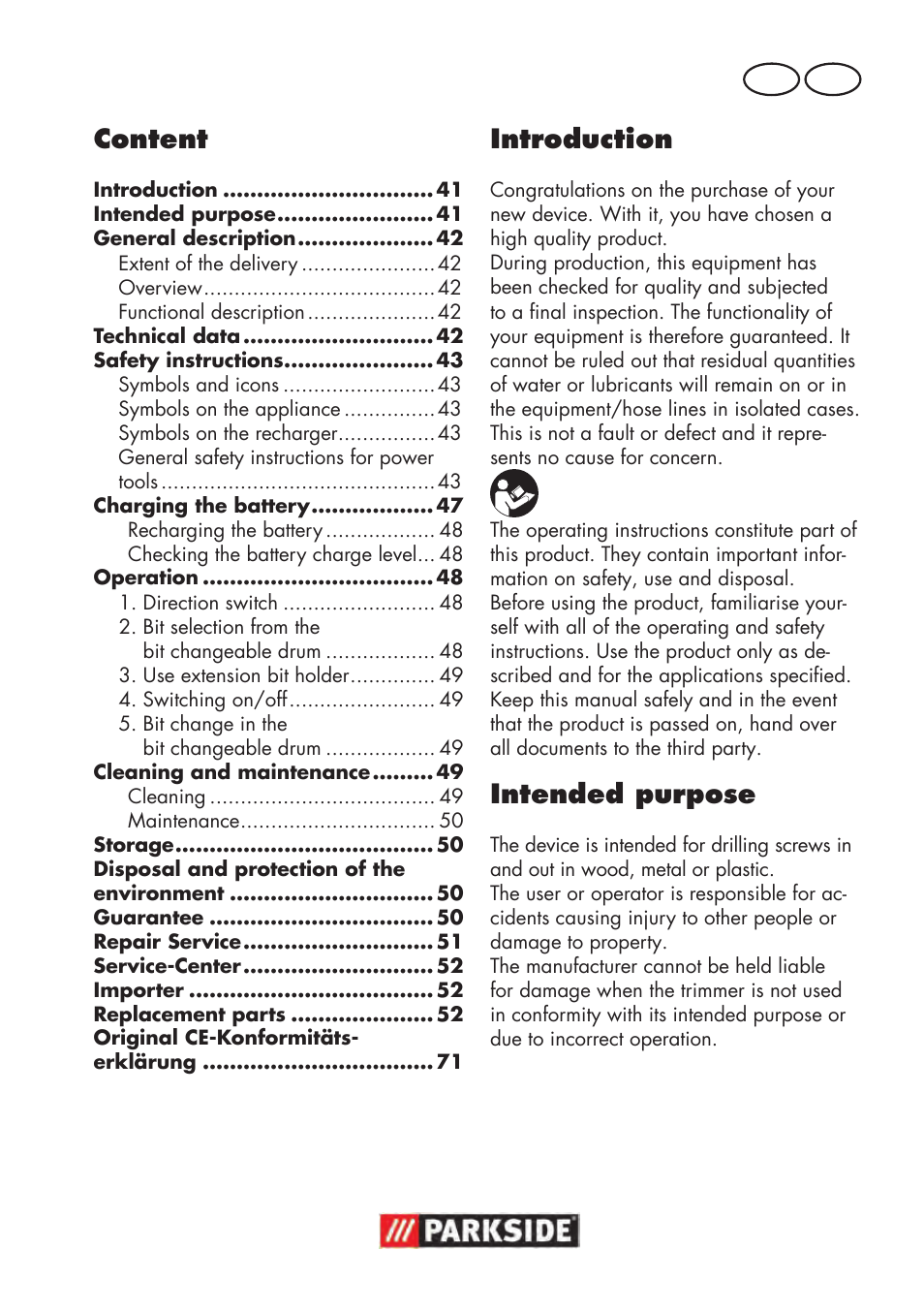 Content, Introduction, Intended purpose | Mt gb | Parkside PAWS 3.6 A1 User Manual | Page 41 / 76