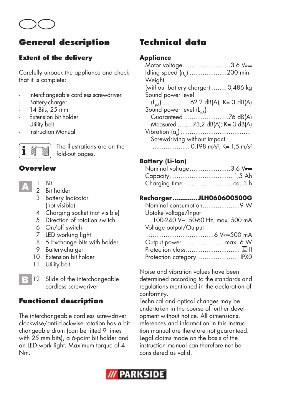 General description, Technical data, Gb mt | Parkside PAWS 3.6 A1 User Manual | Page 42 / 76