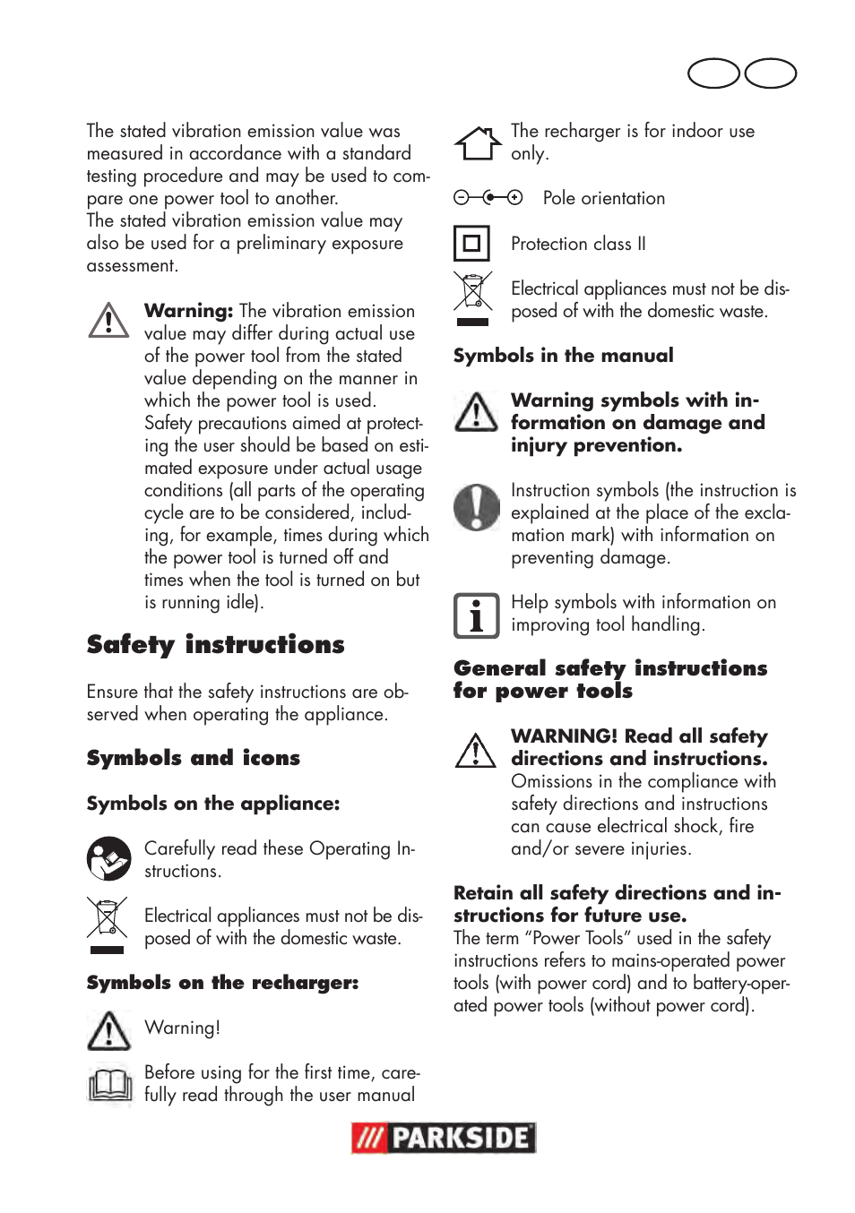 Safety instructions, Mt gb | Parkside PAWS 3.6 A1 User Manual | Page 43 / 76