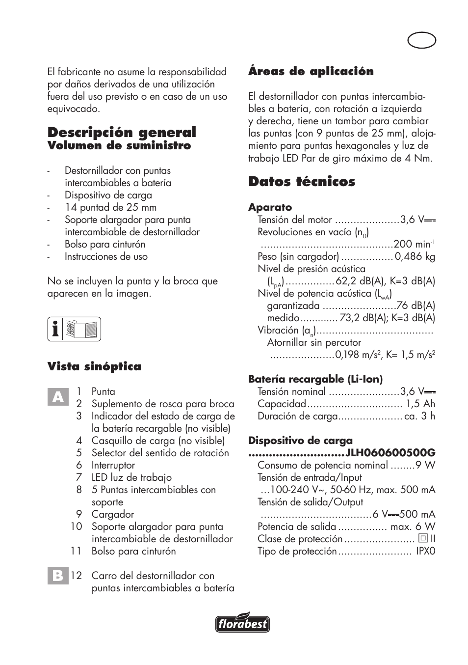 Descripción general, Datos técnicos | Parkside PAWS 3.6 A1 User Manual | Page 5 / 76