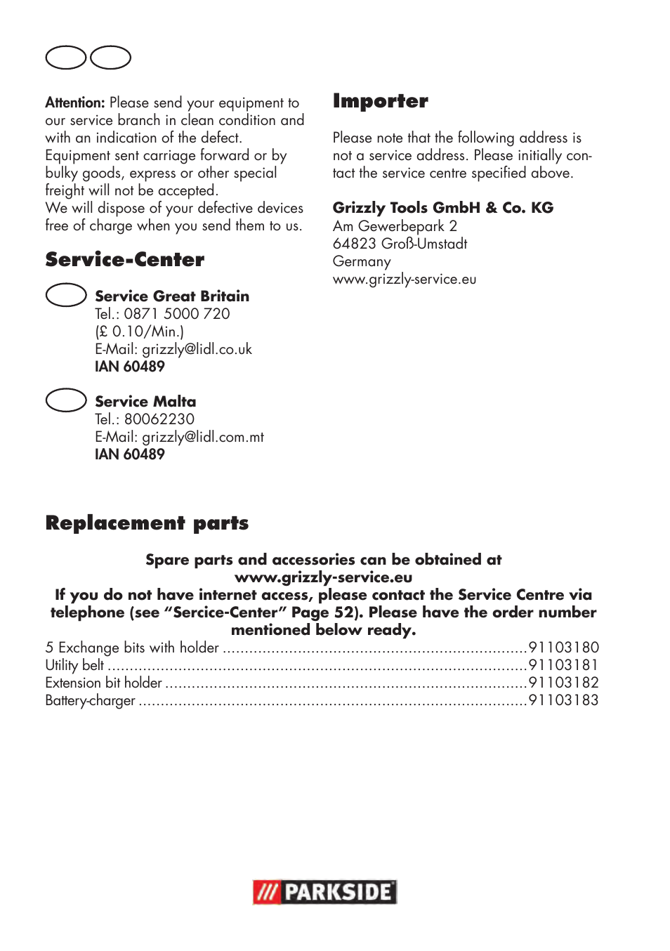 Service-center, Importer, Replacement parts | Parkside PAWS 3.6 A1 User Manual | Page 52 / 76