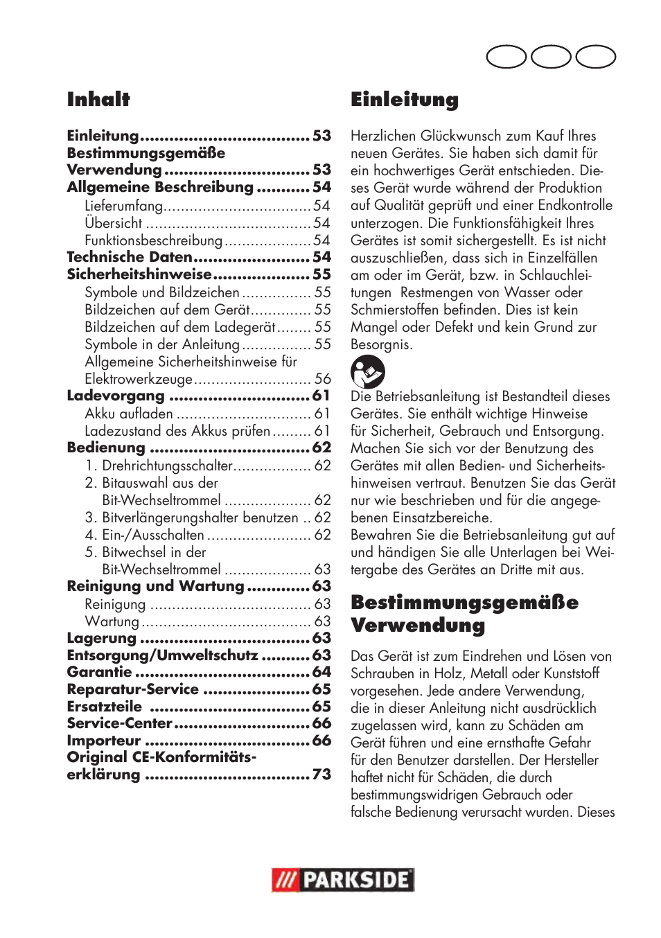 Inhalt, Einleitung, Bestimmungsgemäße verwendung | De at ch | Parkside PAWS 3.6 A1 User Manual | Page 53 / 76
