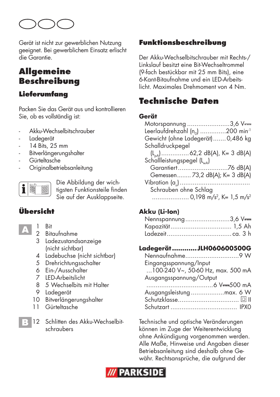 Allgemeine beschreibung, Technische daten, De at ch | Parkside PAWS 3.6 A1 User Manual | Page 54 / 76