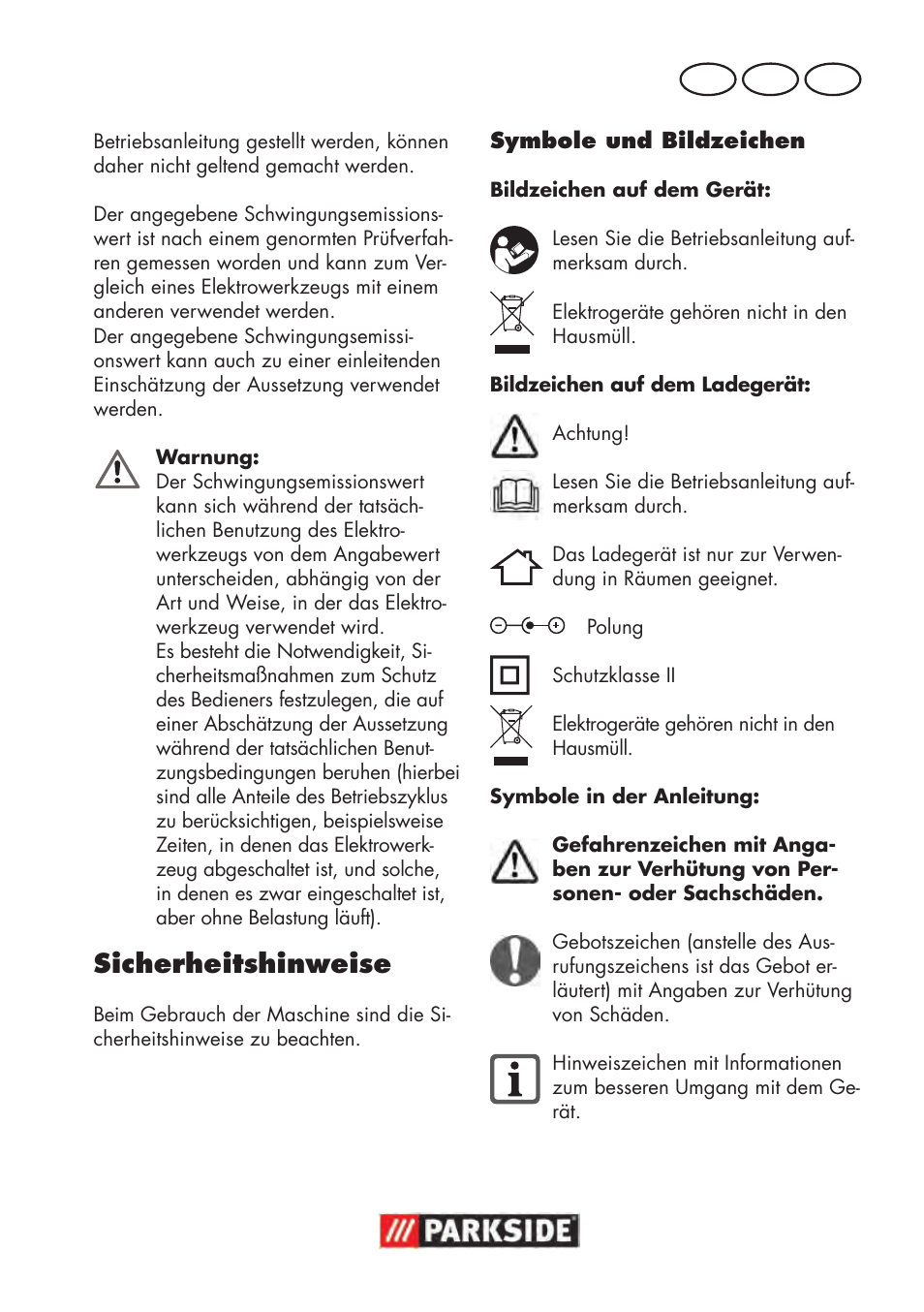 Sicherheitshinweise, De at ch | Parkside PAWS 3.6 A1 User Manual | Page 55 / 76