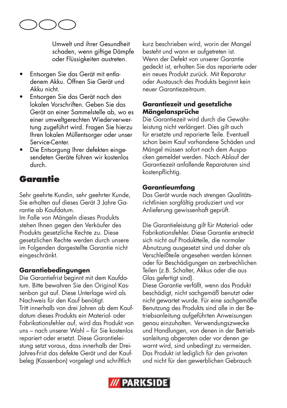 Garantie, De at ch | Parkside PAWS 3.6 A1 User Manual | Page 64 / 76