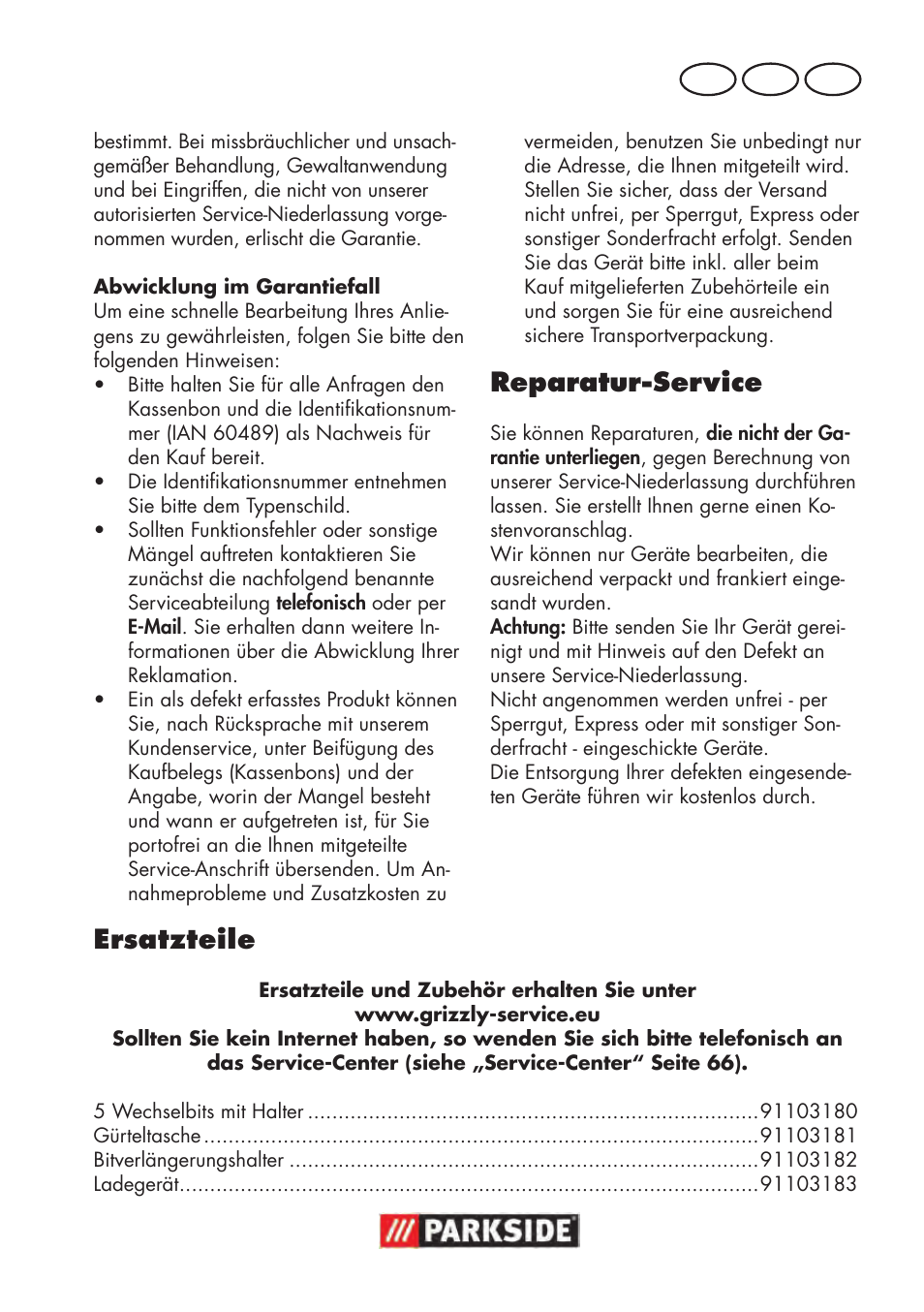 Reparatur-service, Ersatzteile, De at ch | Parkside PAWS 3.6 A1 User Manual | Page 65 / 76