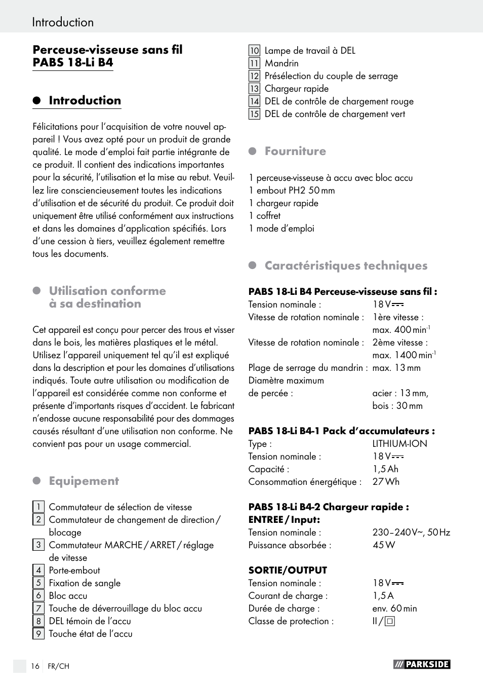 Perceuse-visseuse sans fil pabs 18-li b4, Introduction, Utilisation conforme à sa destination | Equipement, Fourniture, Caractéristiques techniques | Parkside PABS 18-Li B4 User Manual | Page 16 / 44