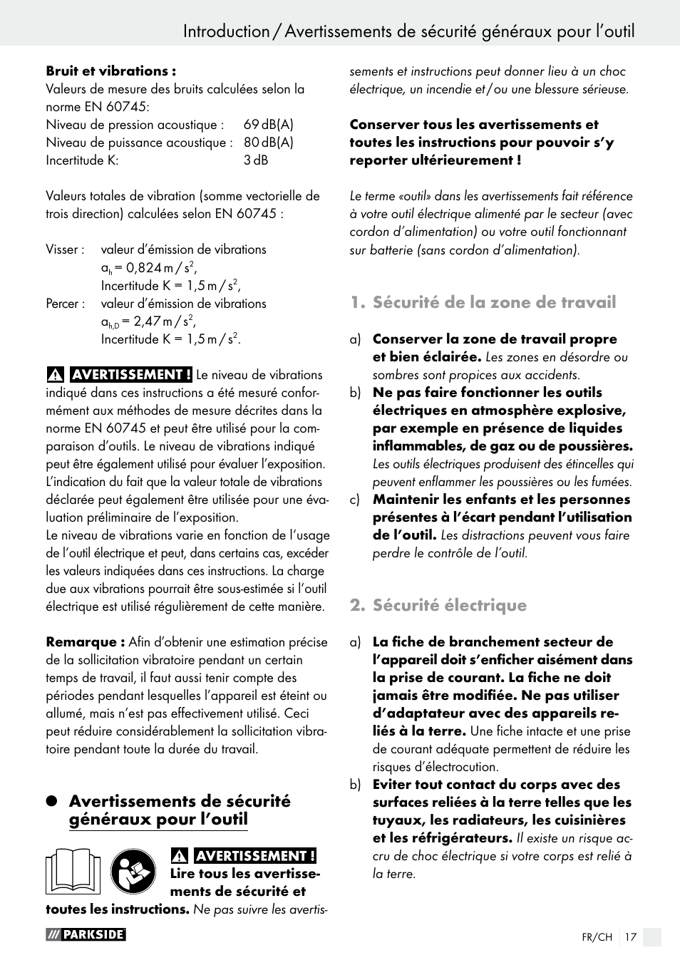 Avertissements de sécurité généraux pour l’outil, Sécurité de la zone de travail, Sécurité électrique | Parkside PABS 18-Li B4 User Manual | Page 17 / 44