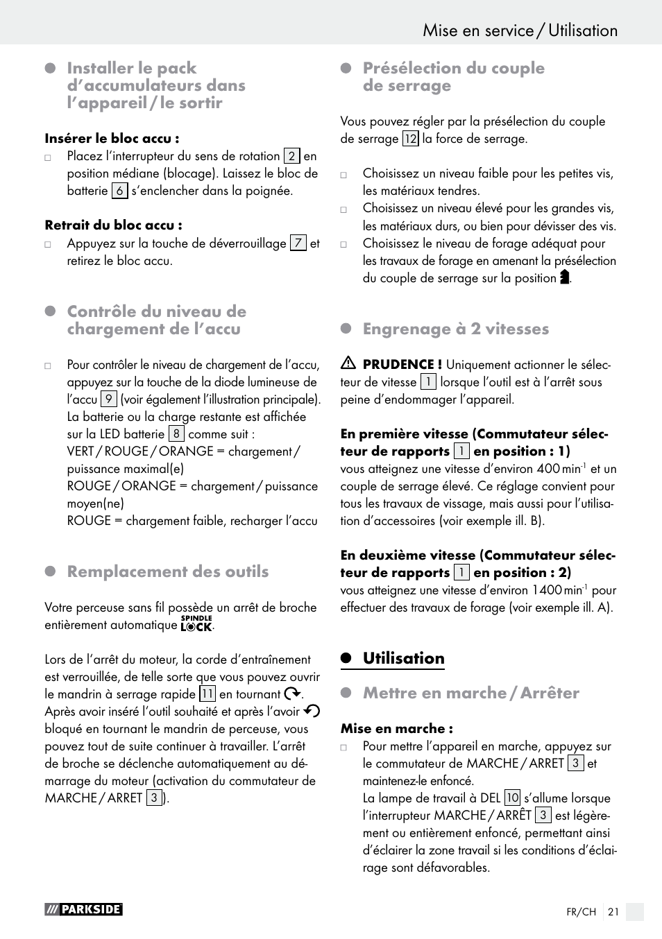 Contrôle du niveau de chargement de l’accu, Remplacement des outils, Présélection du couple de serrage | Engrenage à 2 vitesses, Utilisation, Mettre en marche / arrêter | Parkside PABS 18-Li B4 User Manual | Page 21 / 44