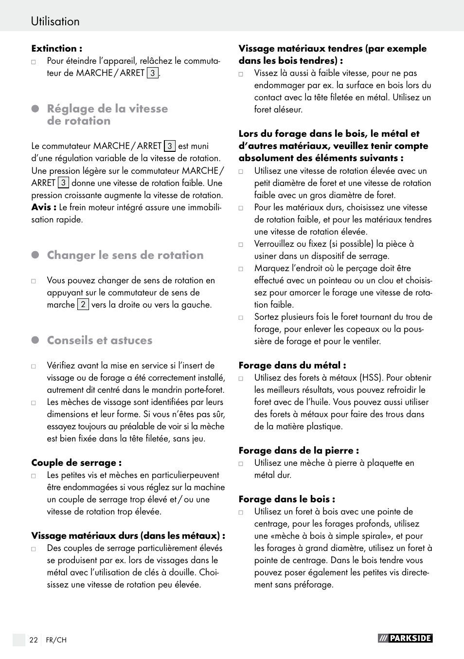 Réglage de la vitesse de rotation, Changer le sens de rotation, Conseils et astuces | Parkside PABS 18-Li B4 User Manual | Page 22 / 44