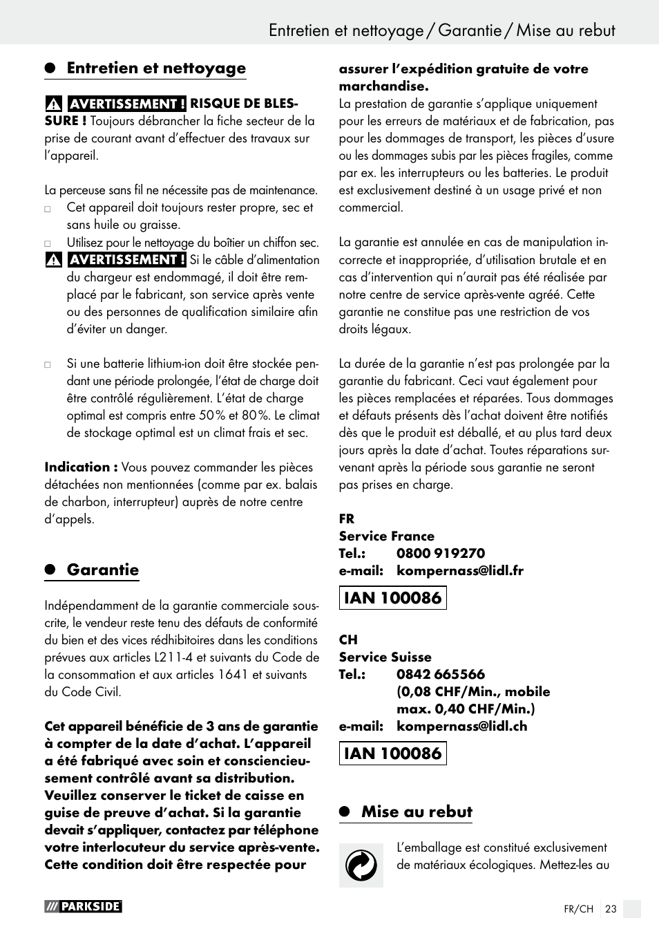 Entretien et nettoyage, Garantie, Mise au rebut | Parkside PABS 18-Li B4 User Manual | Page 23 / 44