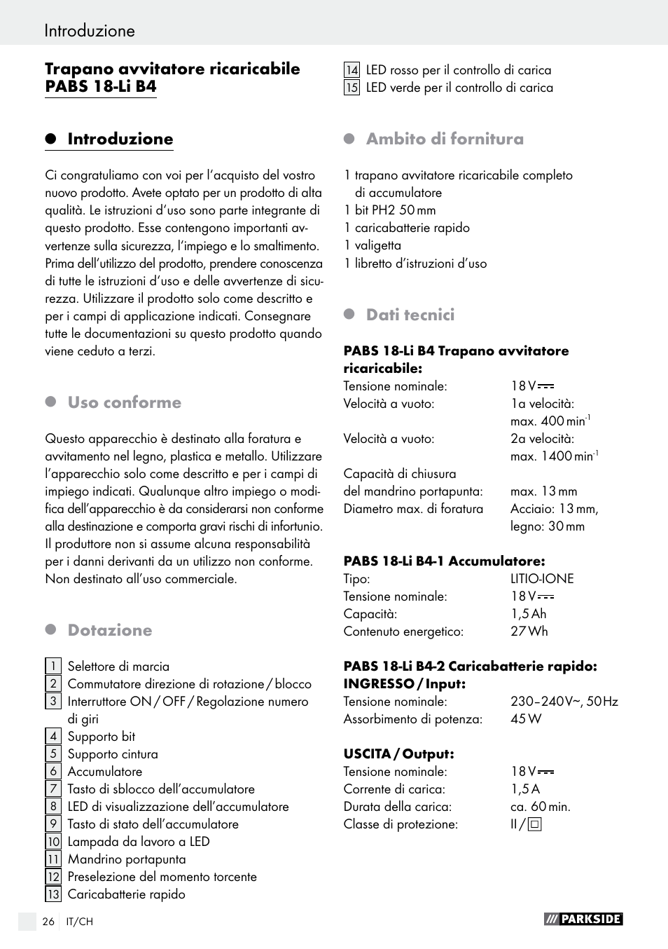 Trapano avvitatore ricaricabile pabs 18-li b4, Introduzione, Uso conforme | Dotazione, Ambito di fornitura, Dati tecnici | Parkside PABS 18-Li B4 User Manual | Page 26 / 44