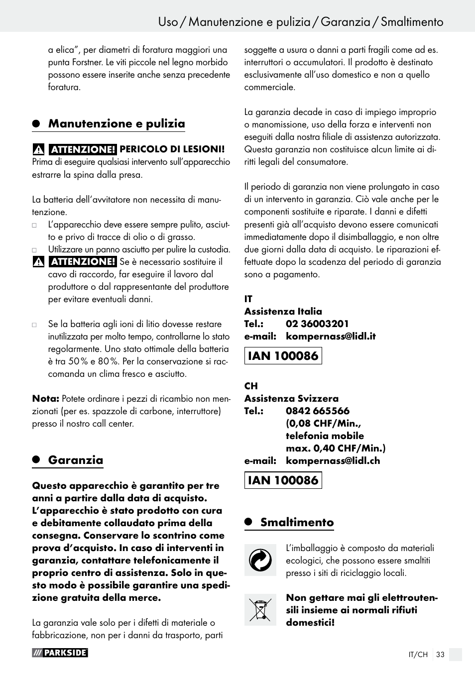 Manutenzione e pulizia, Garanzia, Smaltimento | Parkside PABS 18-Li B4 User Manual | Page 33 / 44