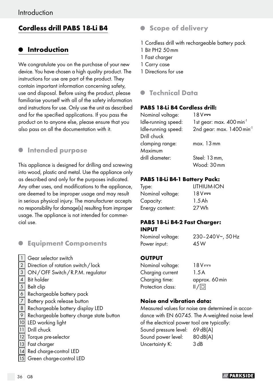 Cordless drill pabs 18-li b4, Introduction, Intended purpose | Equipment components, Scope of delivery, Technical data | Parkside PABS 18-Li B4 User Manual | Page 36 / 44