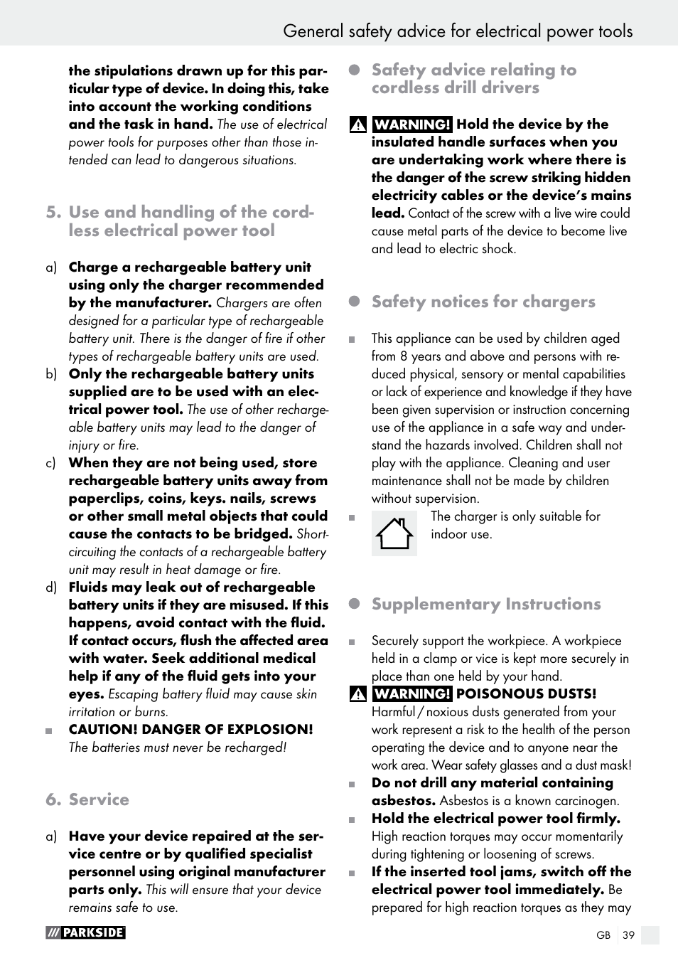 General safety advice for electrical power tools, Service, Safety advice relating to cordless drill drivers | Safety notices for chargers, Supplementary instructions | Parkside PABS 18-Li B4 User Manual | Page 39 / 44