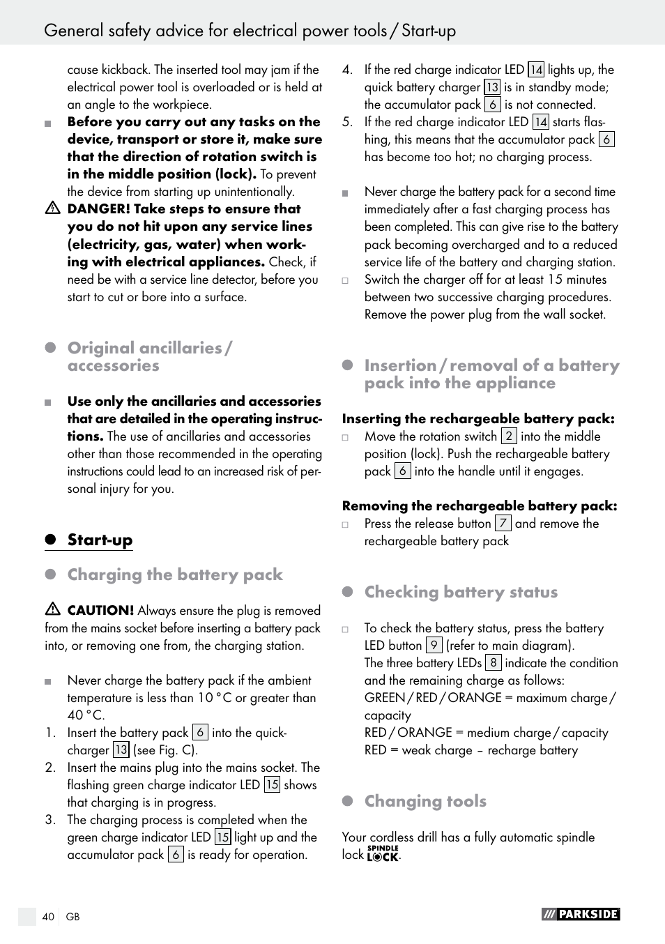 Original ancillaries / accessories, Start-up, Charging the battery pack | Checking battery status, Changing tools | Parkside PABS 18-Li B4 User Manual | Page 40 / 44