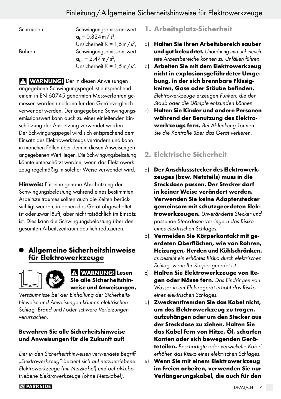 Arbeitsplatz-sicherheit, Elektrische sicherheit | Parkside PABS 18-Li B4 User Manual | Page 7 / 44