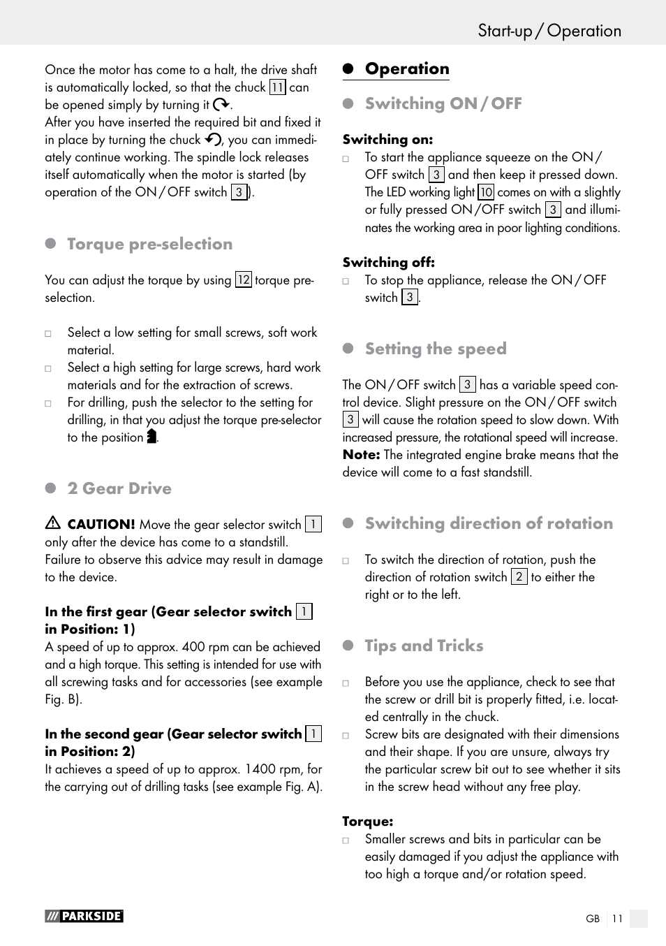 Torque pre-selection, 2 gear drive, Operation | Switching on / off, Setting the speed, Switching direction of rotation, Tips and tricks | Parkside PABS 18-Li B4 User Manual | Page 11 / 77