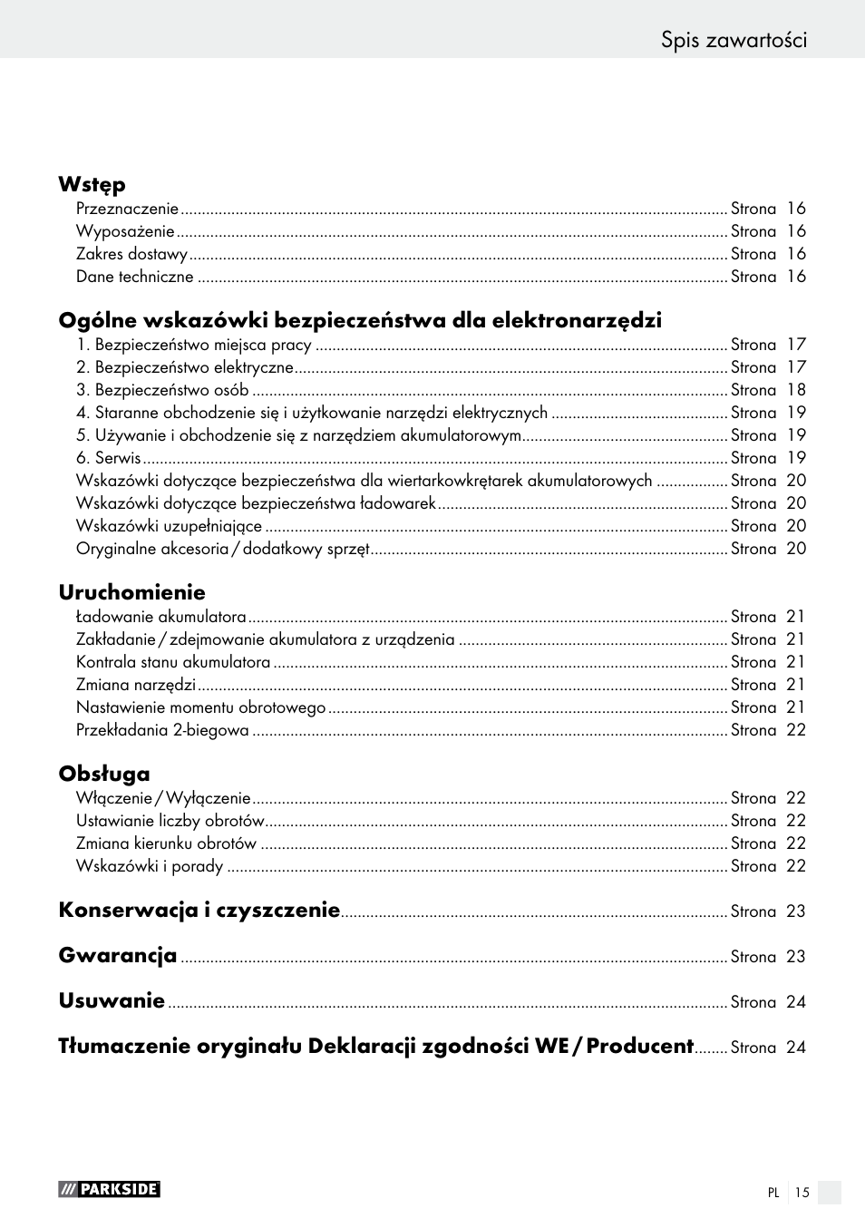 Spis zawartości | Parkside PABS 18-Li B4 User Manual | Page 15 / 77
